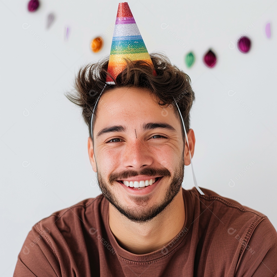 Homem sorridente, usando um chapéu de festa em um fundo branco