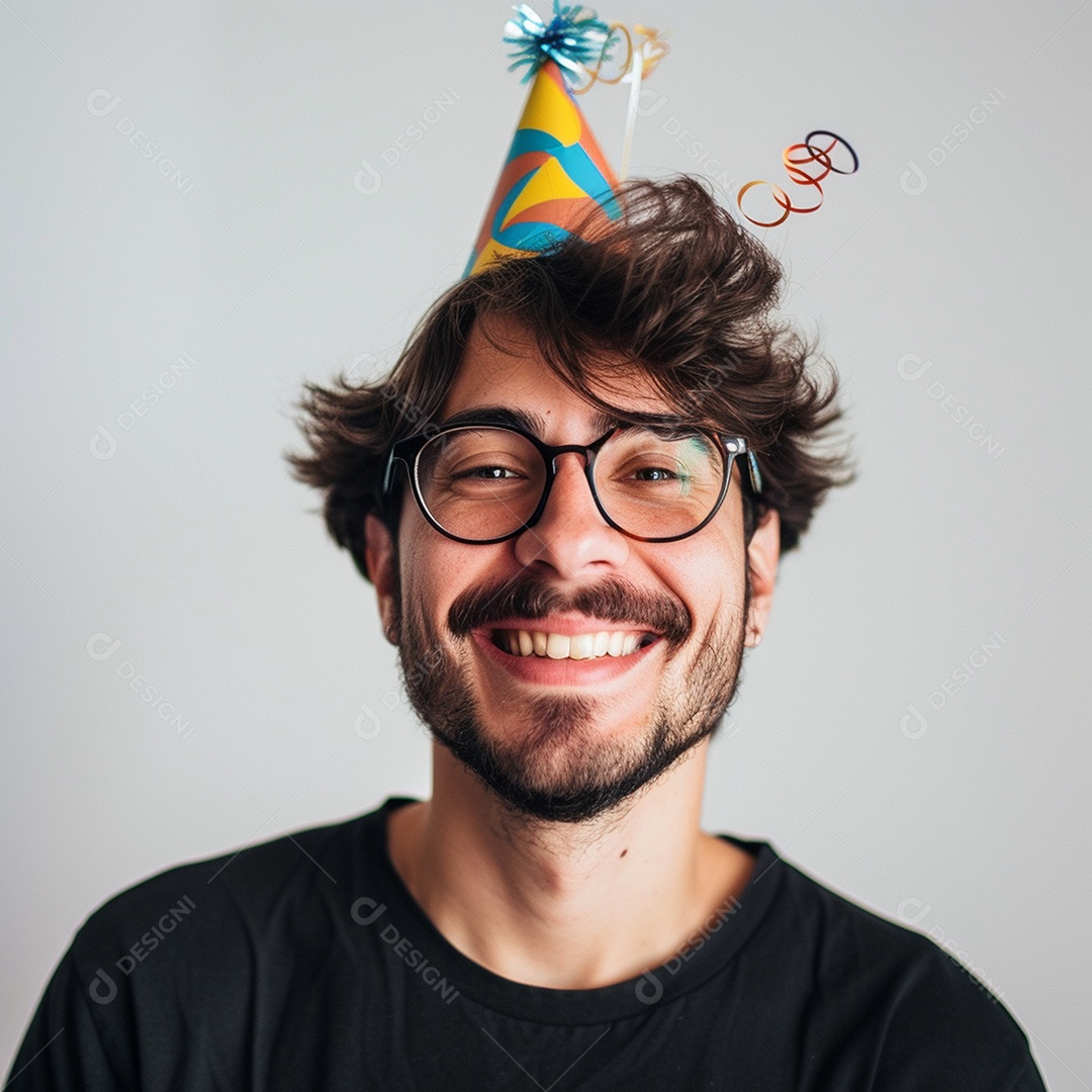 Homem sorridente, usando um chapéu de festa em um fundo branco