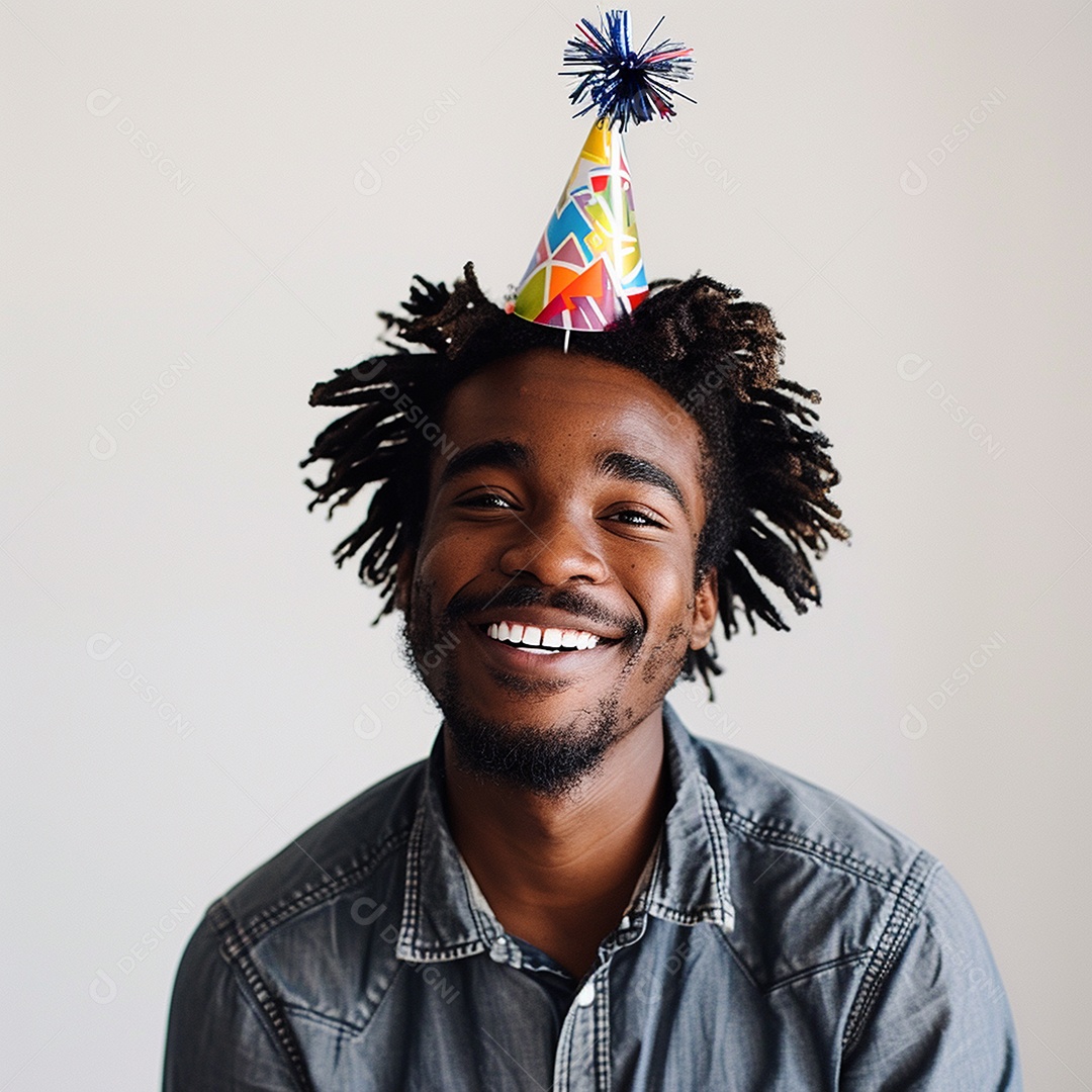 Homem sorridente, usando um chapéu de festa em um fundo branco