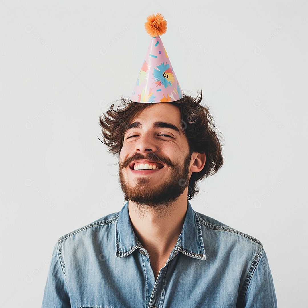 Homem sorridente, usando um chapéu de festa em um fundo branco
