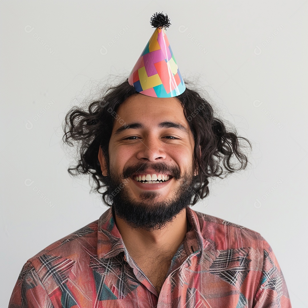 Homem sorridente, usando um chapéu de festa em um fundo branco