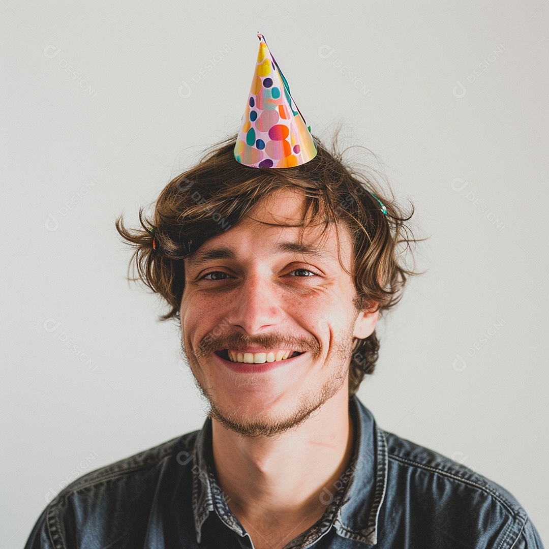 Homem sorridente, usando um chapéu de festa em um fundo branco