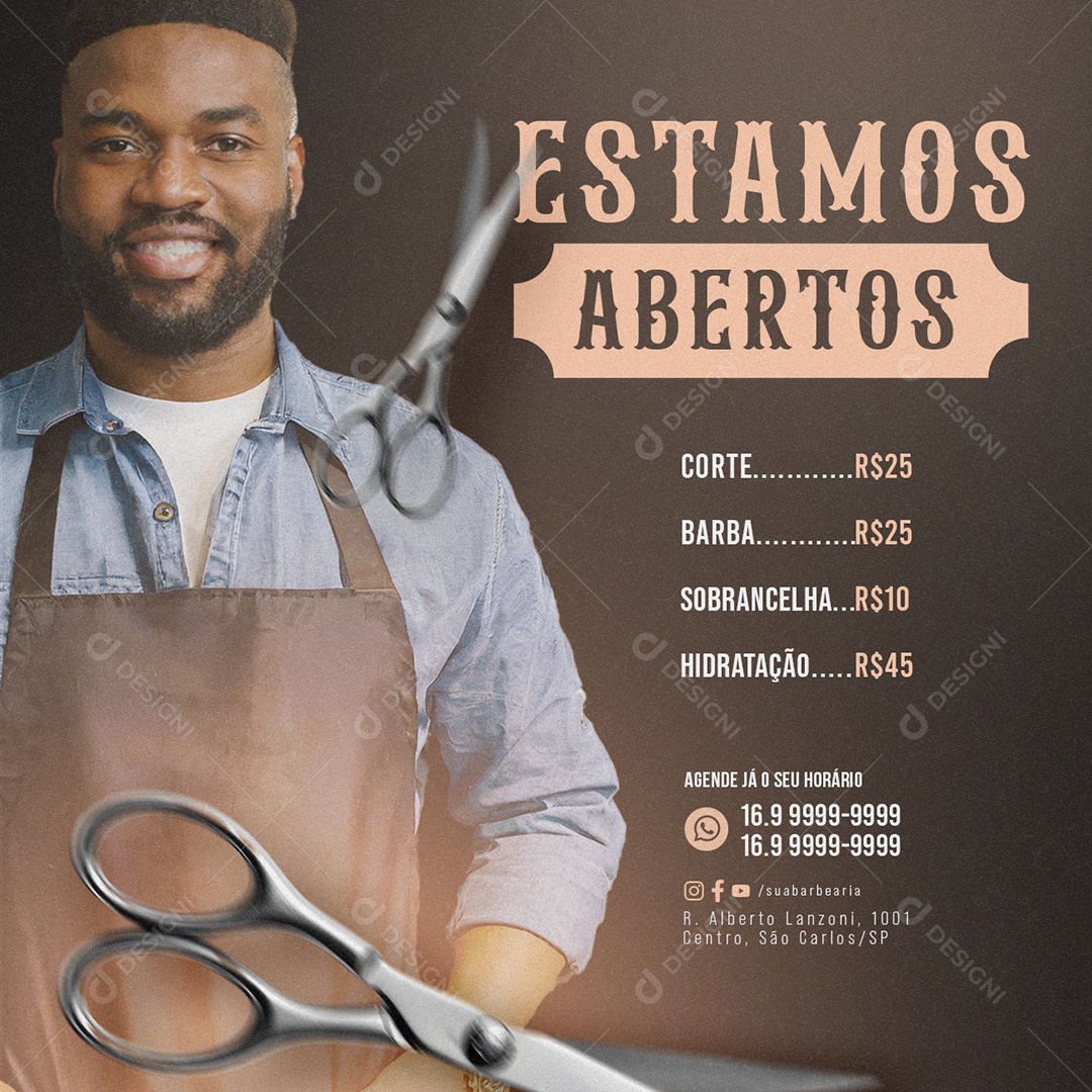 Barbearia Estamos Abertos Corte barba sobrancelha hidratação Social Media PSD Editável