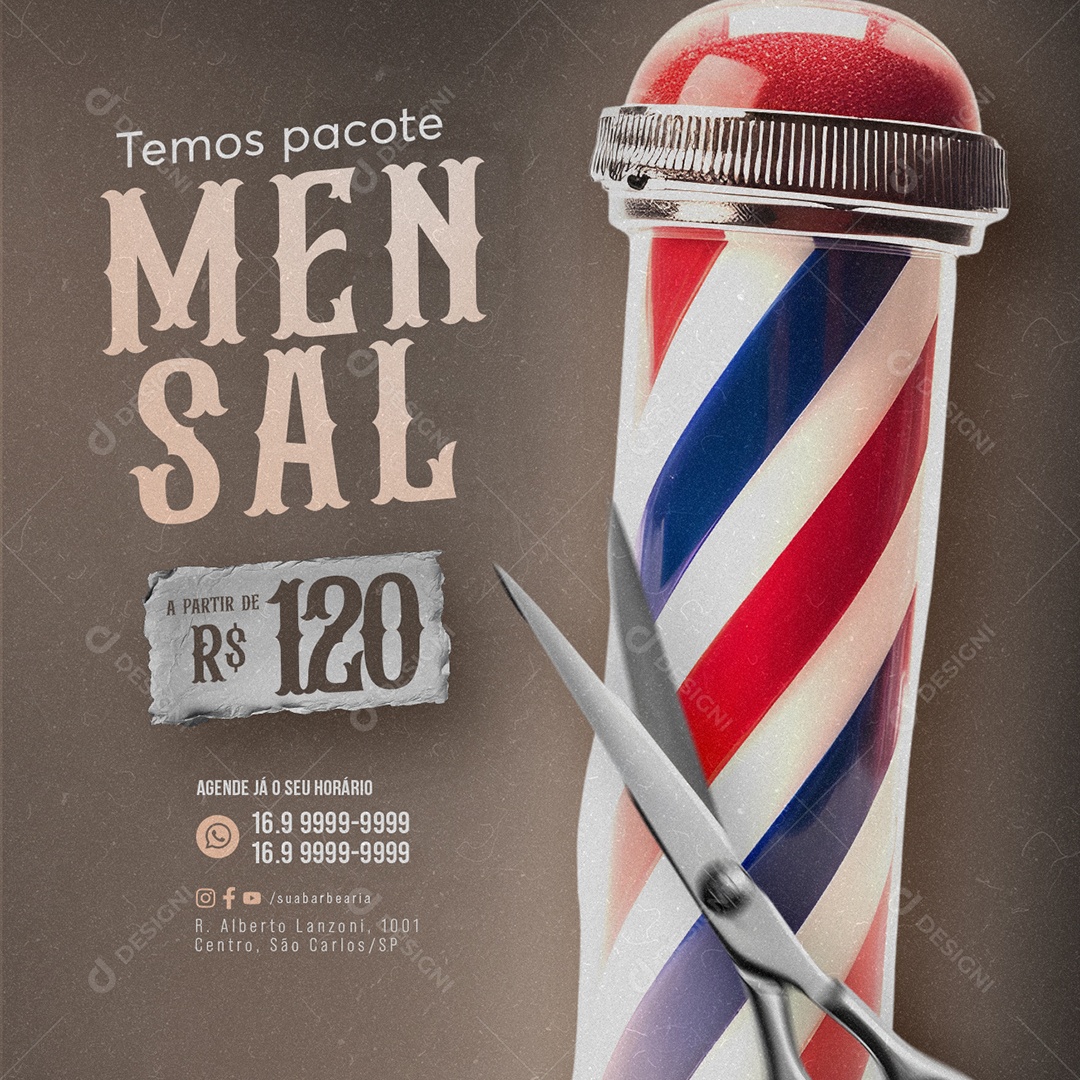 Barbearia Temos pacote Mensal Agende já o seu Horário Social Media PSD Editável