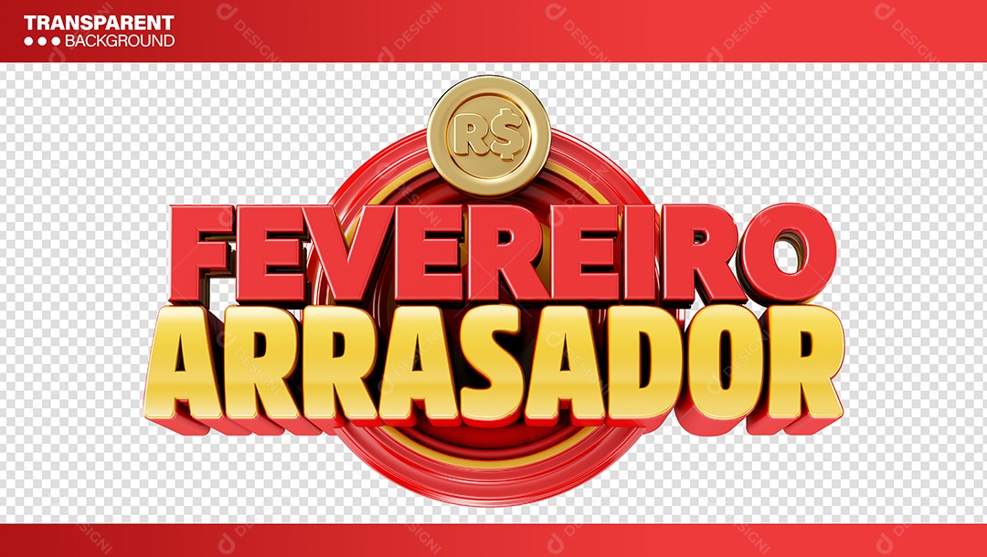 Fevereiro Arrasador Selo 3D Vermelho e Amarelo para Composição PSD