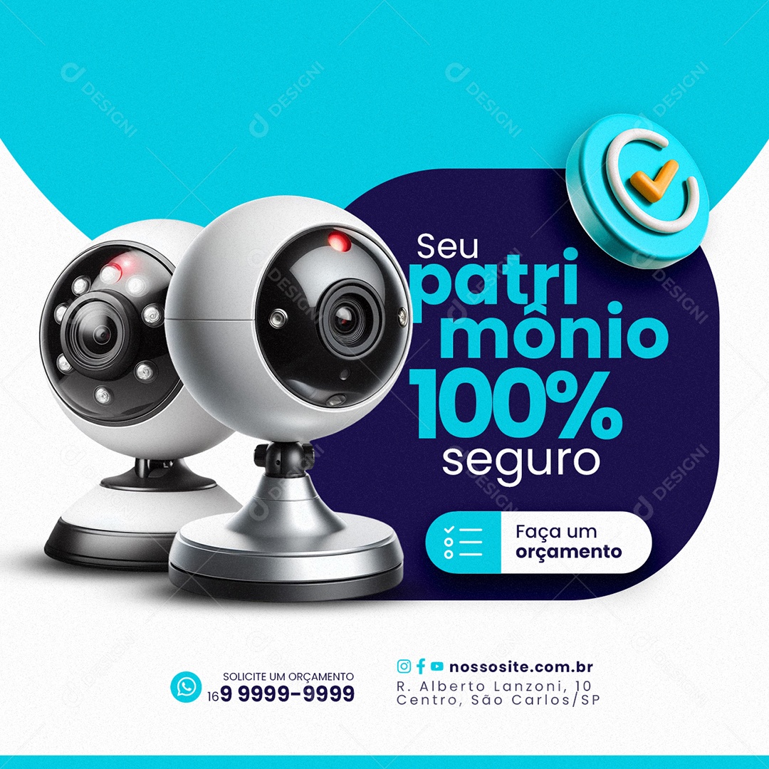 Câmera de Segurança Seu patrimônio 10%% Seguro Faça um orçamento Social Media PSD Editável