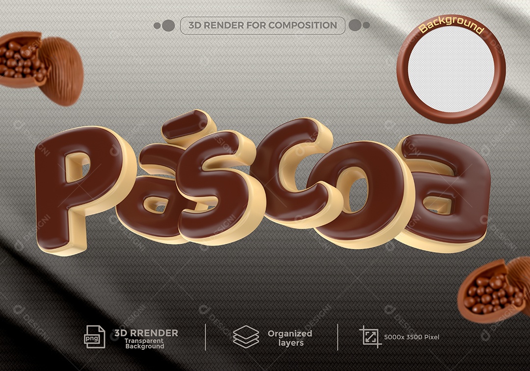 Páscoa Texto 3D Marron para Composição PSD