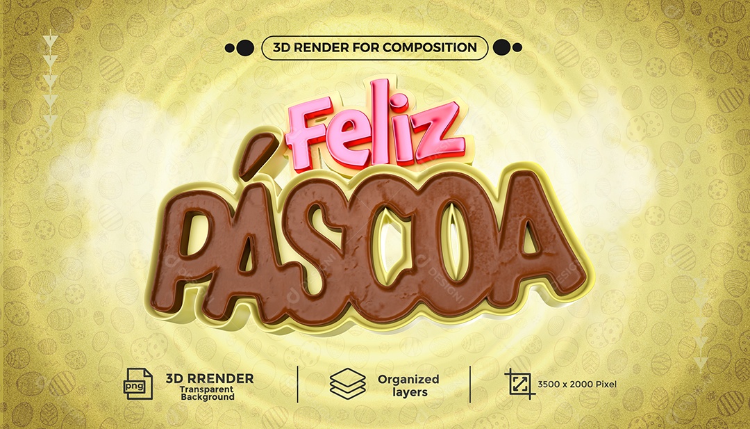 Feliz Páscoa Selo 3D Rosa Marron para Composição PSD