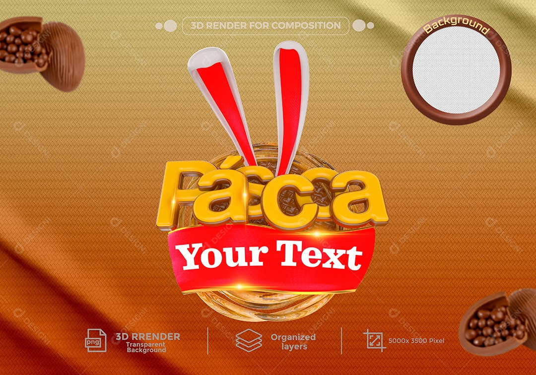 Páscoa Selo 3D Dourado para Composição PSD