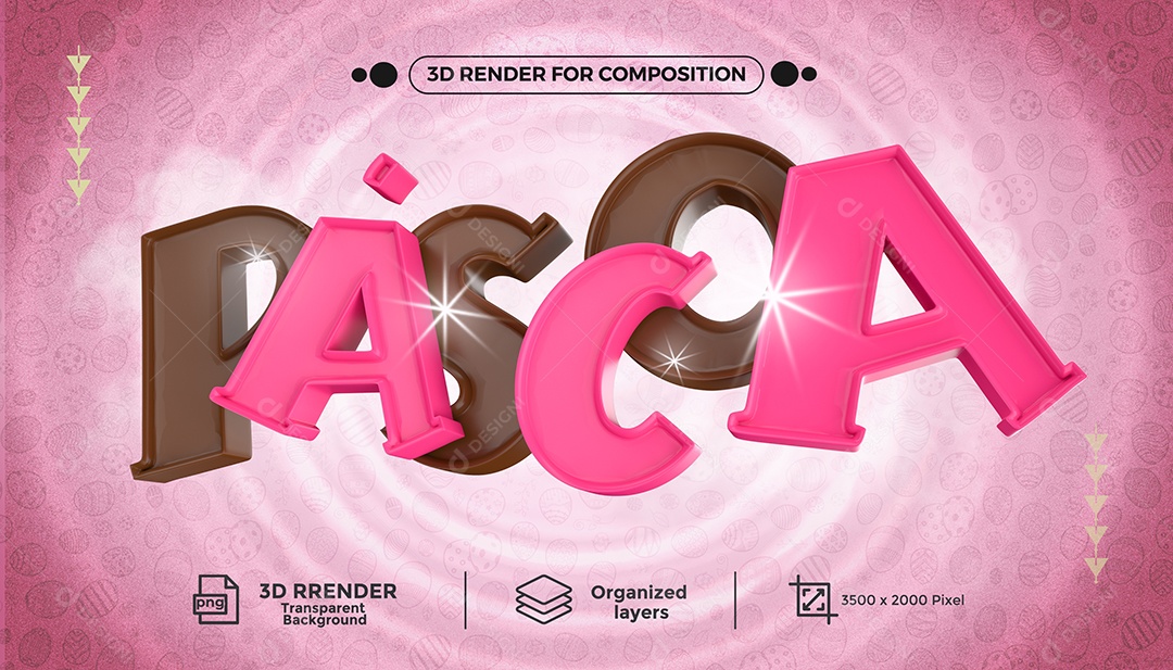 Páscoa Selo 3D Marron e Rosa para Composição PSD