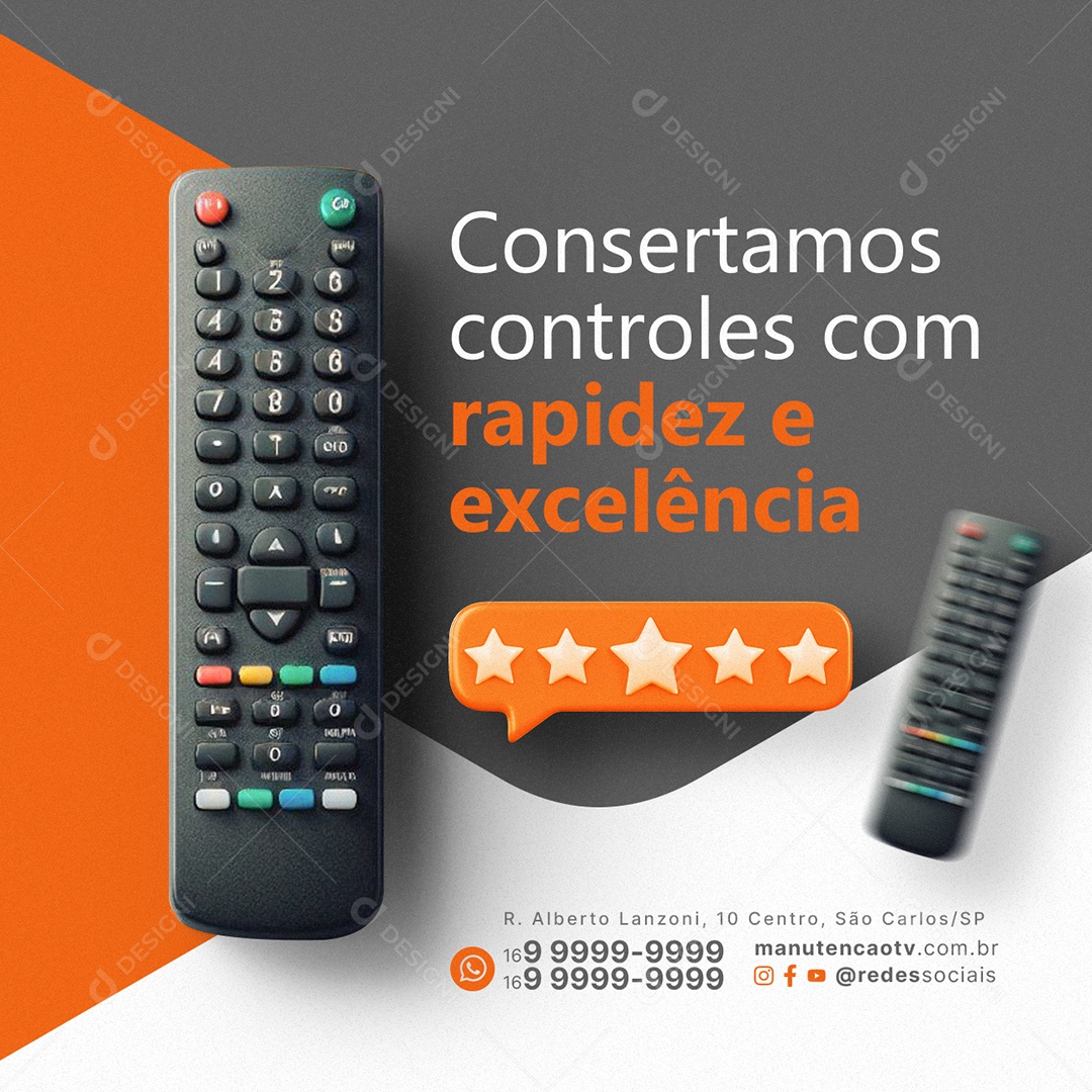 Manutenção De TV Consertamos controles com rapidez e excelência Social Media PSD Editável