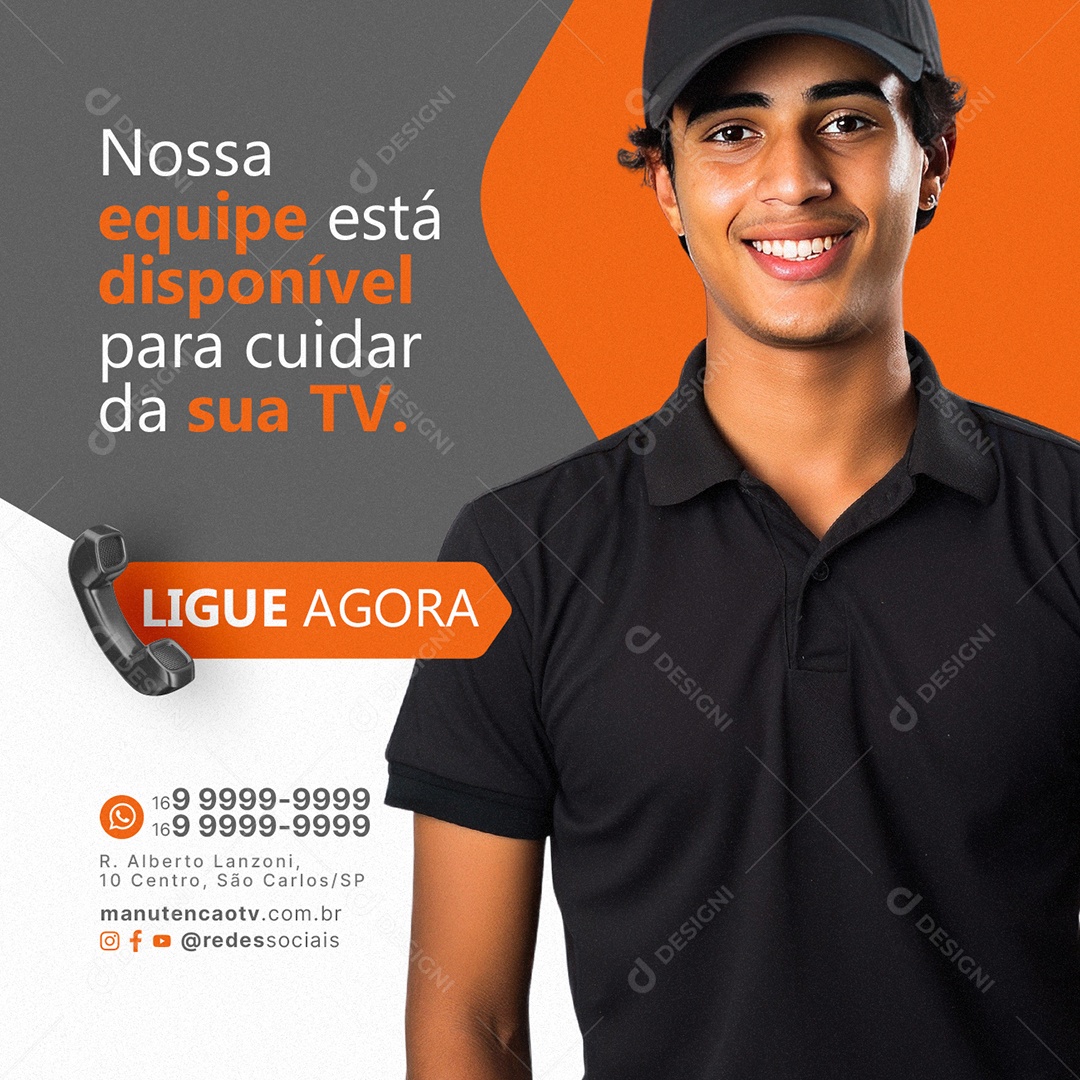 Manutenção De TV Nossa equipe está disponível Ligue agora Social Media PSD Editável