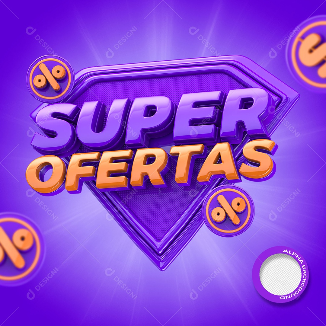 Super Ofertas Selo 3D Roxo e Laranja para Composição PSD