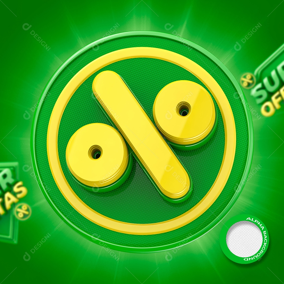 Símbolo de Desconto de Super Ofertas Elemento 3D Verde e Amarelo para Composição PSD