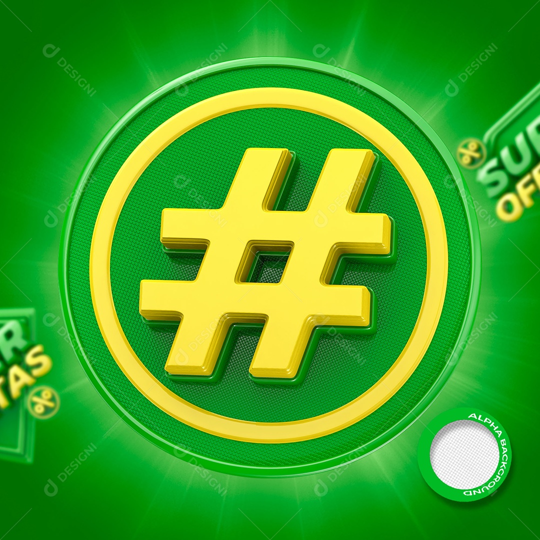 Símbolo Hashtag de Super Ofertas Elemento 3D Verde e Amarelo para Composição PSD