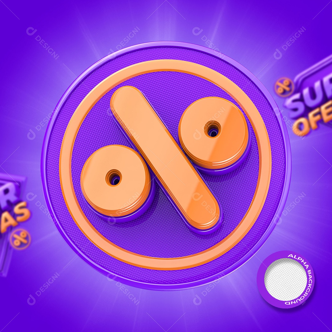 Símbolo de Desconto de Super Ofertas Elemento 3D Laranja e Roxo para Composição PSD