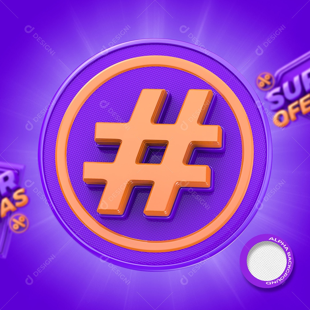 Símbolo Hashtag de Super Ofertas Elemento 3D Laranja e Roxo para Composição PSD