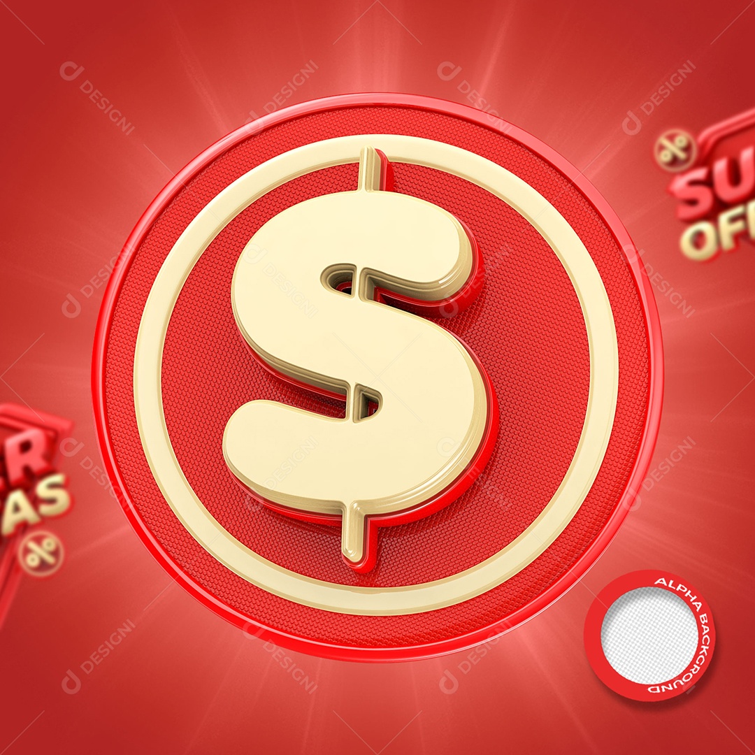Símbolo Cifrão de Super Ofertas Elemento 3D Vermelho e Dourado para Composição PSD