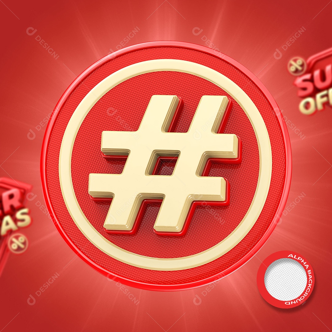 Símbolo Hashtag de Super Ofertas Elemento 3D Vermelho e Dourado para Composição PSD