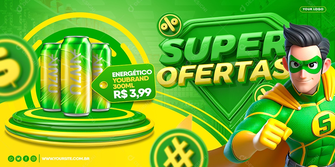 Banner Supermercado Super Ofertas Energético Brand Social Media PSD Editável