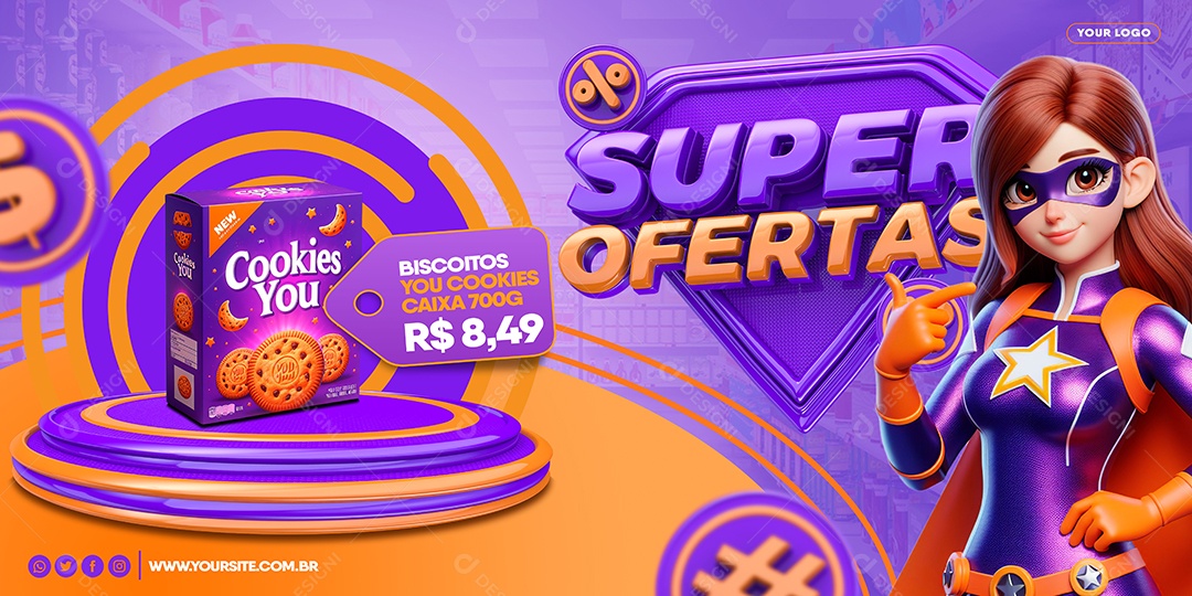 Banner Supermercado Super Ofertas Biscoitos Cookies Caixa 700G Social Media PSD Editável