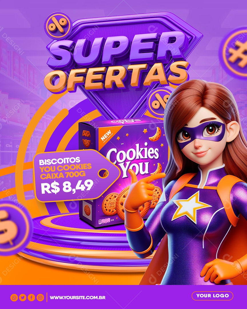Supermercado Super Ofertas Biscoitos Cookies Caixa 700G Social Media PSD Editável