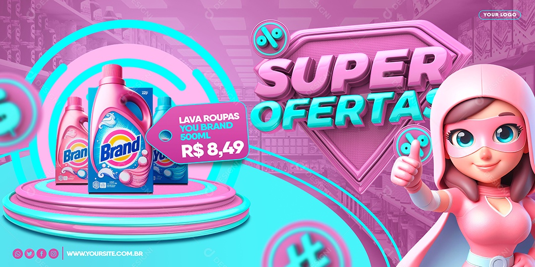 Banner Supermercado Super Ofertas Lava Roupas Brand Social Media PSD Editável