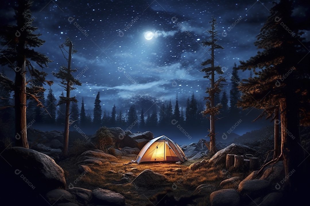 Uma tenda na floresta iluminada pelo céu noturno
