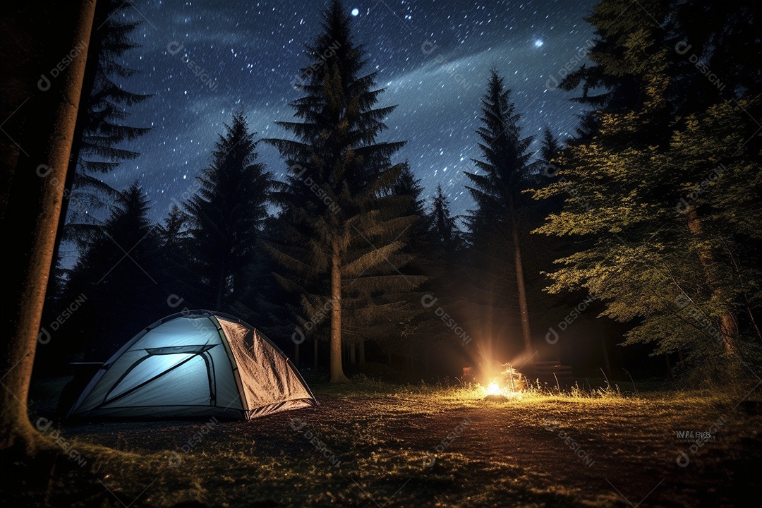 Uma tenda na floresta iluminada pelo céu noturno