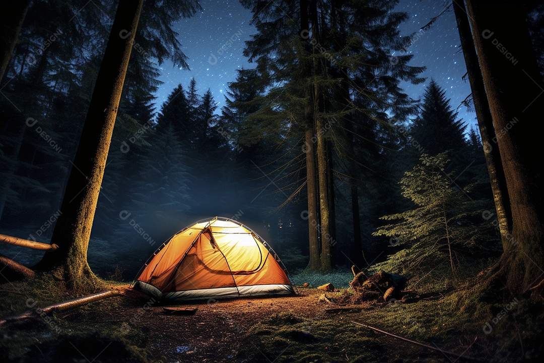 Uma tenda na floresta iluminada pelo céu noturno