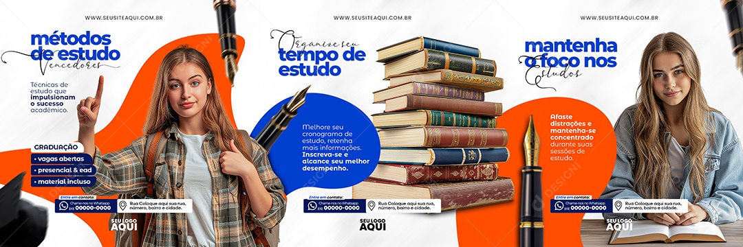 Carrossel Métodos de Estudo Vencedores Organize seu Tempo Mantenha o Foco Social Media PSD Editável