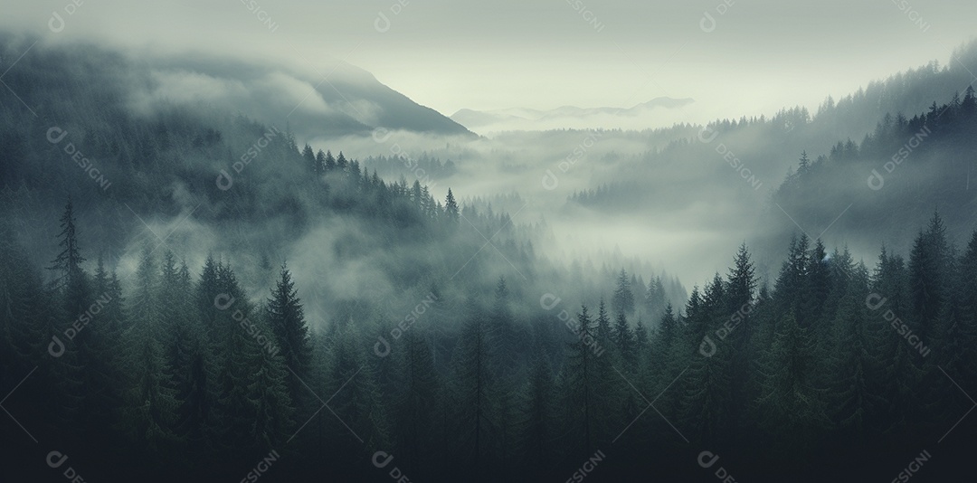 Bela floresta com névoa nublada ao redor das árvores