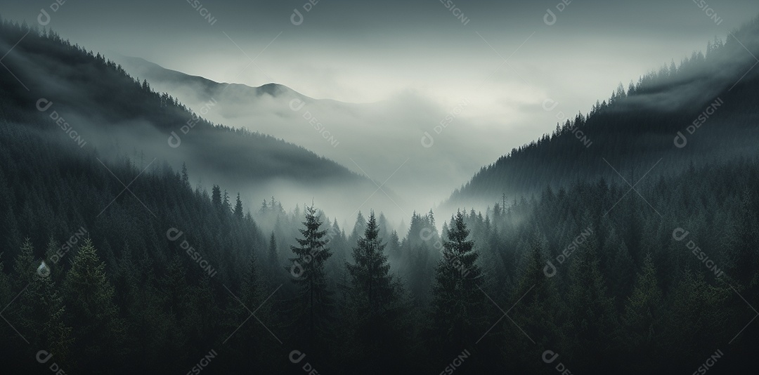 Bela floresta com névoa nublada ao redor das árvores