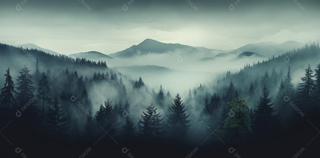 Bela floresta com névoa nublada ao redor das árvores