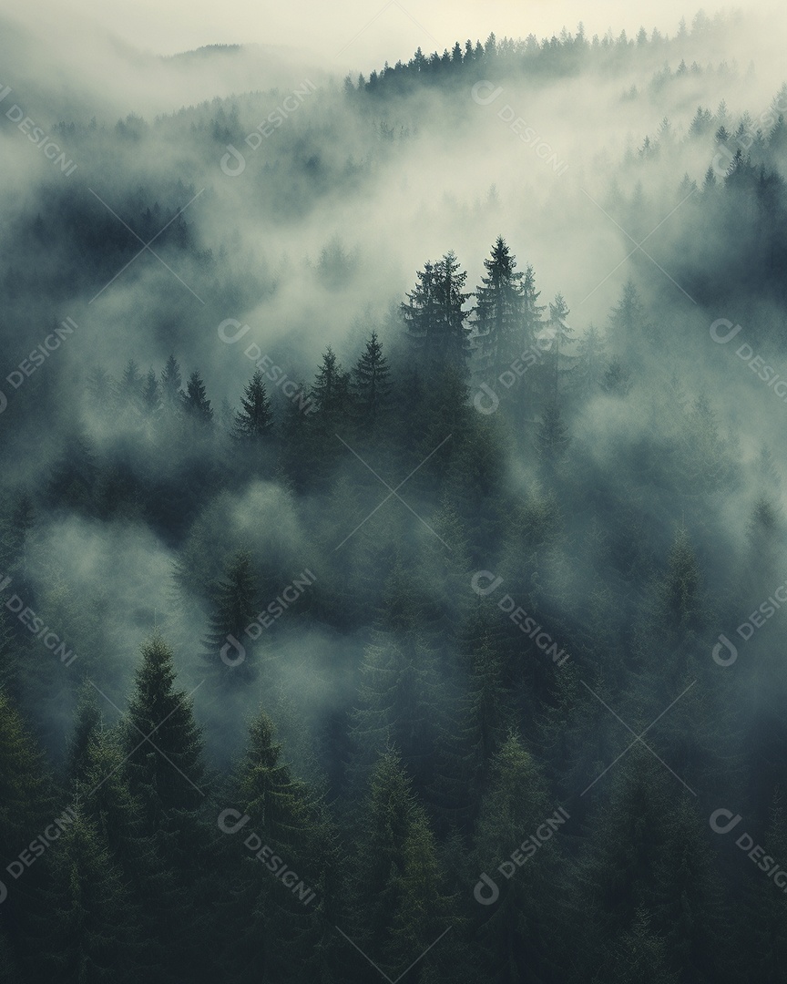 Bela floresta com névoa nublada ao redor das árvores