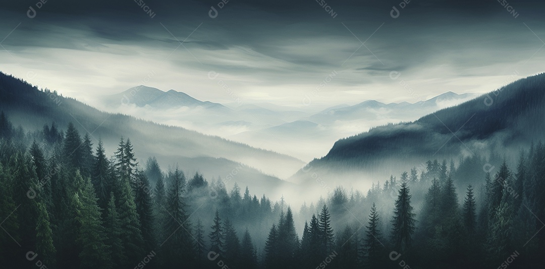 Bela floresta com névoa nublada ao redor das árvores