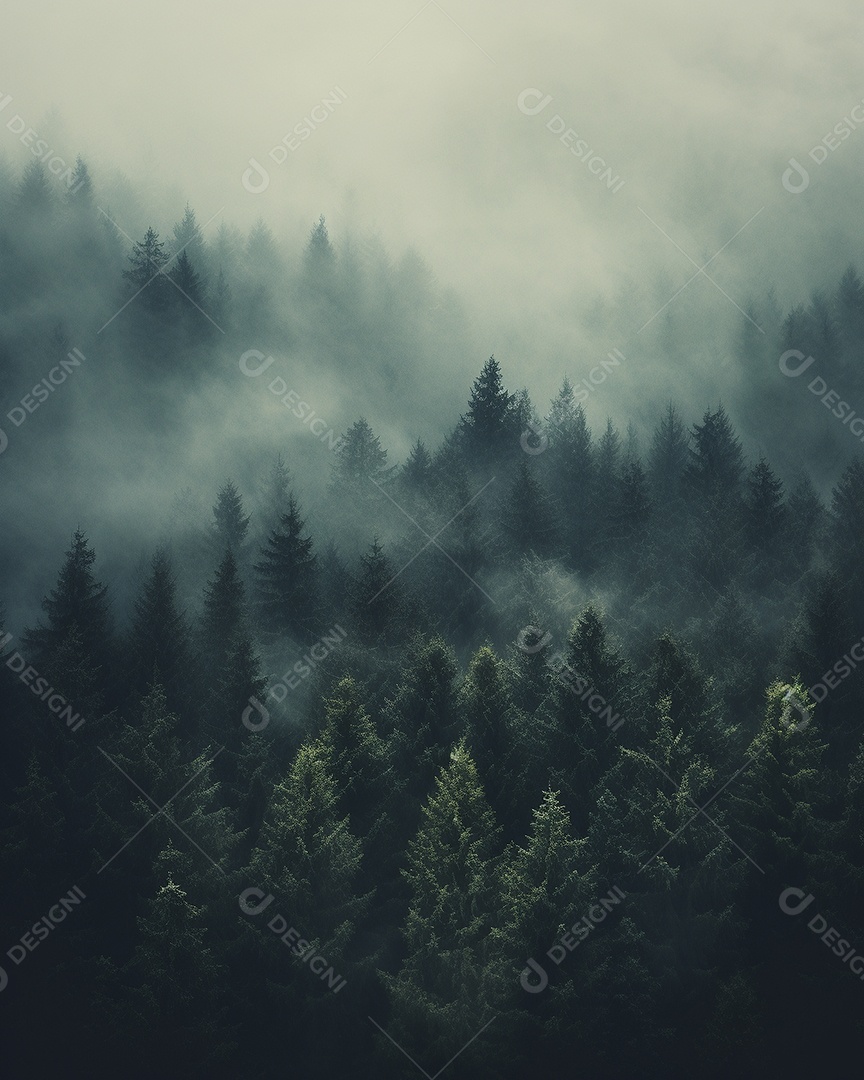 Bela floresta com névoa nublada ao redor das árvores