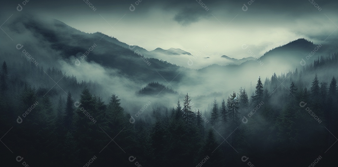 Bela floresta com névoa nublada ao redor das árvores