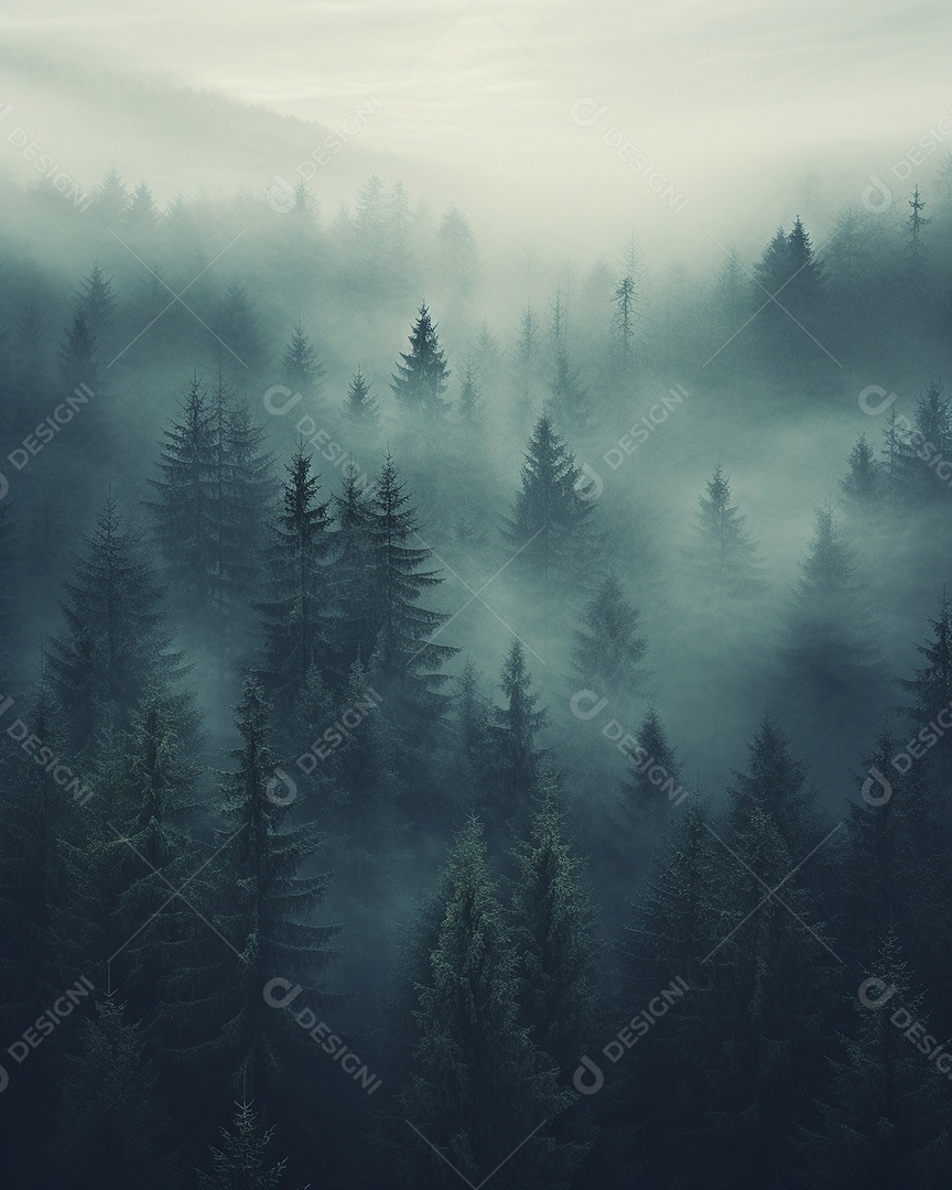 Bela floresta com névoa nublada ao redor das árvores