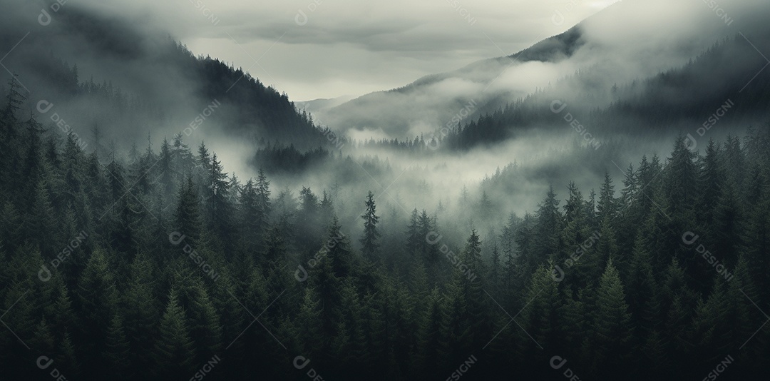 Bela floresta com névoa nublada ao redor das árvores