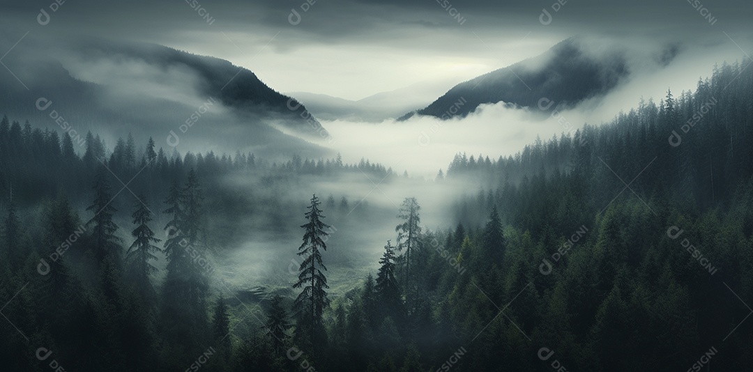 Bela floresta com névoa nublada ao redor das árvores