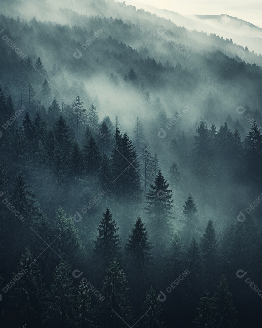 Bela floresta com névoa nublada ao redor das árvores