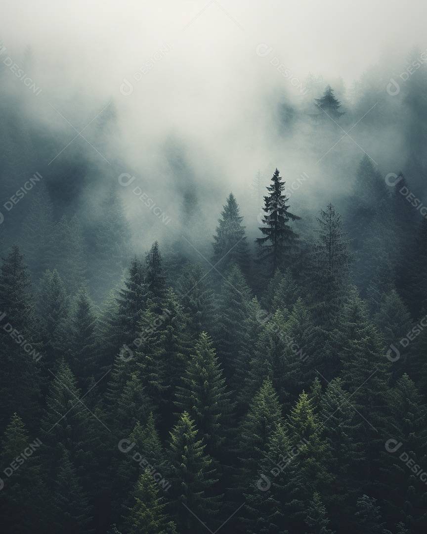 Bela floresta com névoa nublada ao redor das árvores