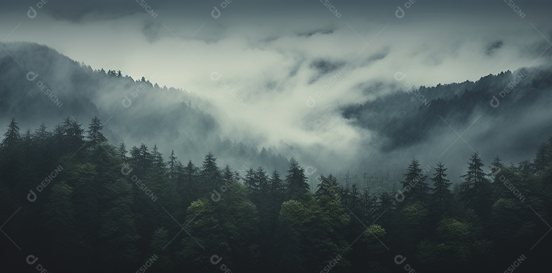 Bela floresta com névoa nublada ao redor das árvores