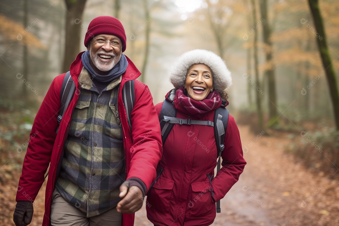 Casal maturo em sua caminhada de outono na floresta