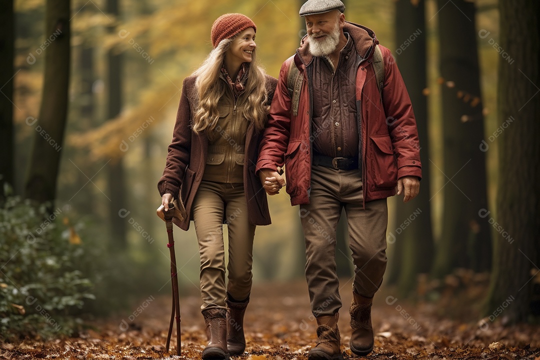 Casal maturo em sua caminhada de outono na floresta