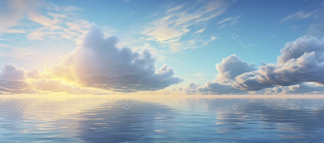 Céu e nuvens sobre a água em um horizonte azul