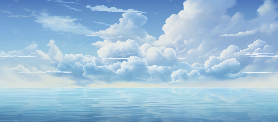 Céu e nuvens sobre a água em um horizonte azul