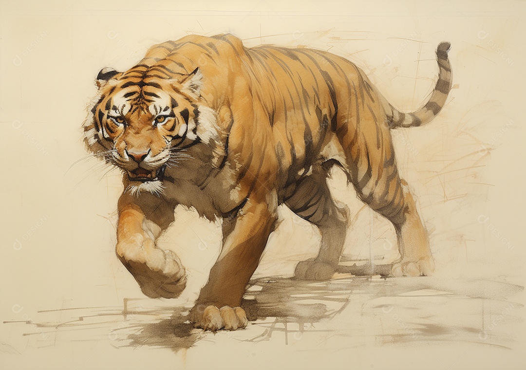 Desenho de um tigre andando por uma tela