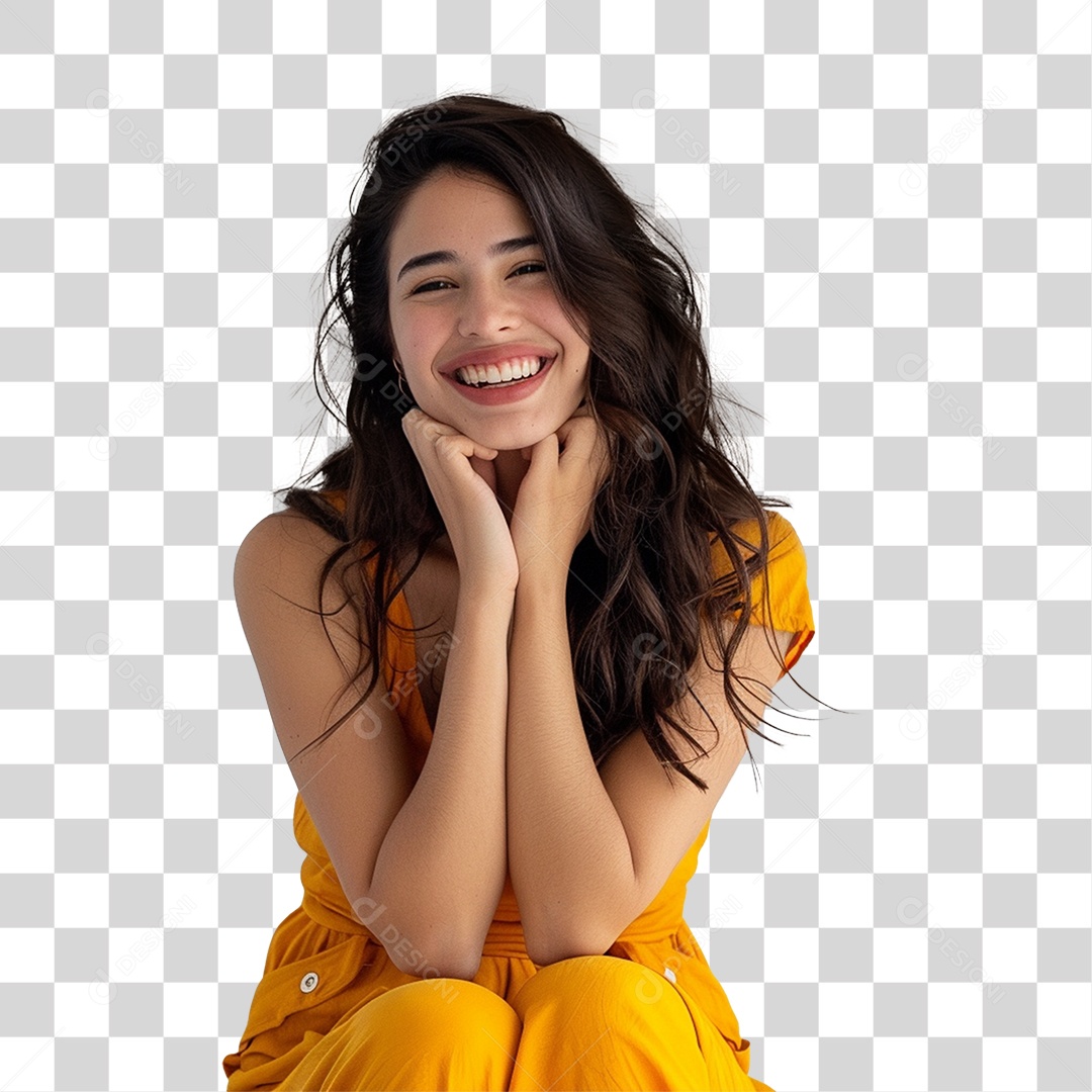 Mulher Sorrindo Roupa Amarela PNG Transparente